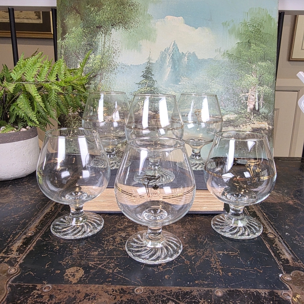 Rare Set of 6 Vintage 1976 Montreal Olympics Brandy Snifters Gold Trim Barware